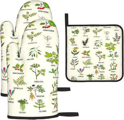 Cute Herbs Botanic Garden Plants Oven Mitts and Pot Holders Sets Heat Resistant for Kitchen BBQ Microwave Baking Grilling Cooks Set of 3 Kitchen Oven Glove by Unknown