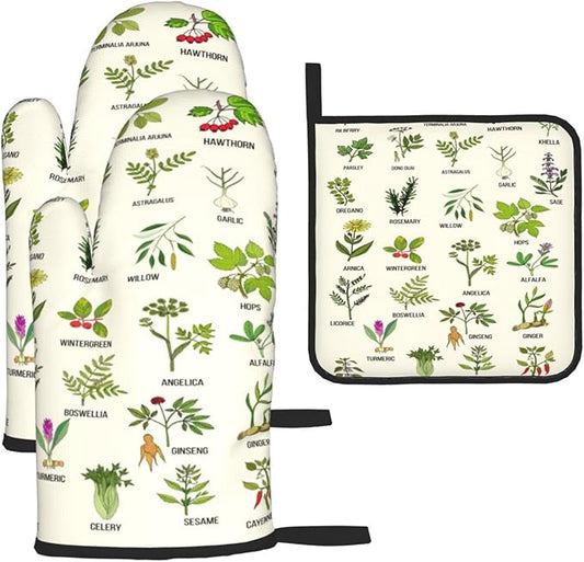 Cute Herbs Botanic Garden Plants Oven Mitts and Pot Holders Sets Heat Resistant for Kitchen BBQ Microwave Baking Grilling Cooks Set of 3 Kitchen Oven Glove by Unknown