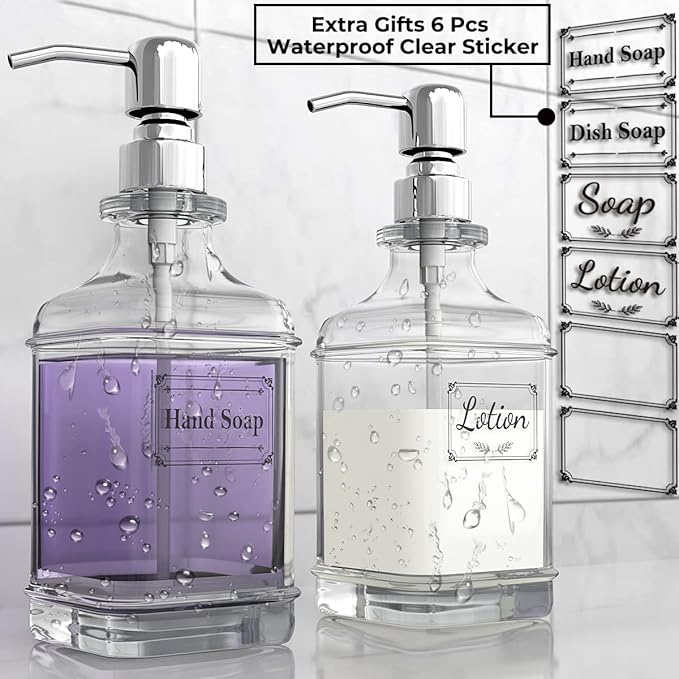 GLADPURE Soap Dispenser - 2 Pack, 18 Oz Antique Design Thick Glass Hand Soap Dispensers; with 304 Rust Proof Stainless Steel Pump, 6Pcs Clear Stickers, for Kitchen, Bathroom - Silver - Image 3