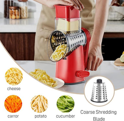 Weltonhm Rotary Cheese Grater with 4 Blades, Large Hand Crank Cheese Grater with Waffle Slicer, Black and White Cheese Slicer with Suction Base, Easier for Shredding& Grating (red, 4 Graters)