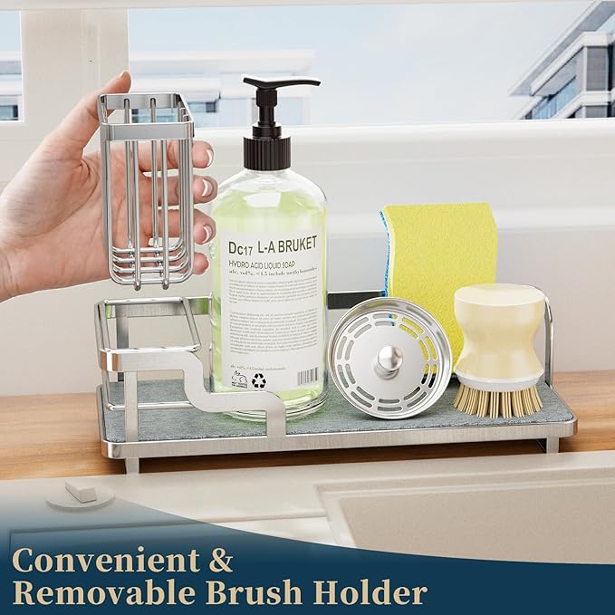 Consumest Sponge Holder for Kitchen Sink - Sink Caddy Organizer with Water Absorbing Stone Tray, Detachable Brush Holder, Stainless Steel Kitchen Counter Organizer Rack, Silver - Image 3