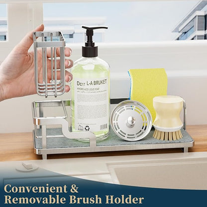 Consumest Sponge Holder for Kitchen Sink - Sink Caddy Organizer with Water Absorbing Stone Tray, Detachable Brush Holder, Stainless Steel Kitchen Counter Organizer Rack, Silver - Image 3