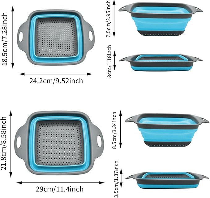 2 PCS Collapsible Colander, Collapsible Strainers for Kitchen, 11.5 inch Silicone Strainer and 9.5 inch Silicone Colander for Draining Vegetable fruit, Kitchen Food Strainer, Blue (Blue) - Image 2
