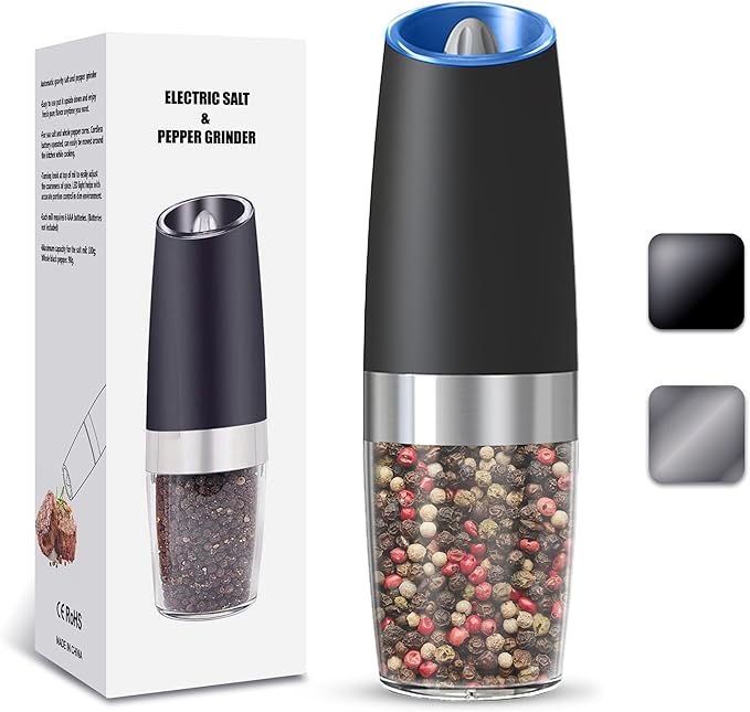 UNNEES Gravity Electric Salt and Pepper Grinder, Automatic Salt And Pepper Grinder, Adjustable Roughness, Battery Powered, LED Light, 1 Pack, (Black) by UNNEES