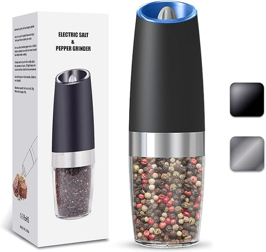 UNNEES Gravity Electric Salt and Pepper Grinder, Automatic Salt And Pepper Grinder, Adjustable Roughness, Battery Powered, LED Light, 1 Pack, (Black) by UNNEES