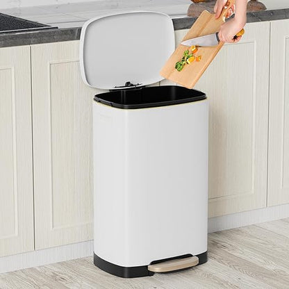 KdbK 13 Gallon Trash Can with Lid, 50L Fingerprint Proof Stainless Steel Kitchen Trash Can with Removable Inner Bucket and Lid Soft Close, Pedal Rubbish Bin for Home Office, White - Image 2