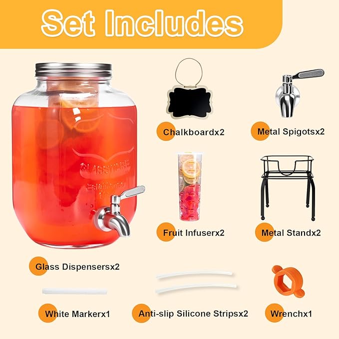 2 Pack1 Gallon Glass Drink Dispensers For Parties,Beverage Dispenser with Stand,304 Stainless Steel Spigot Leakproof,Lemonade Dispenser for Sun Tea, Homemade Juice - Image 4