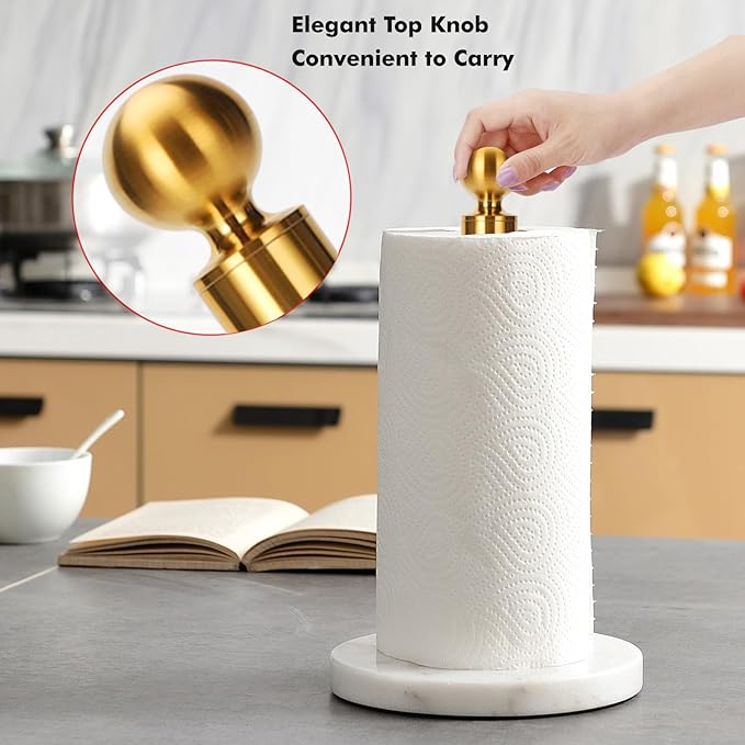 Gold Paper Towel Holder Countertop, with Weighted Marble Base for One-Handed Operation, No Wobbly (Marble Base, Gold) - Image 4