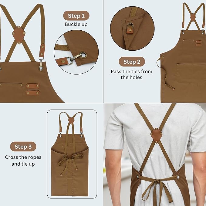 RUVANTI Work Aprons for Men, Oil & Water Repellent, PolyCotton Cross Back Aprons for Women with Pockets, Adjustable up to XXL, Chef Aprons for Cooking, Grilling, Welding, Woodworking - Brown Aprons