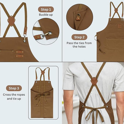 RUVANTI Work Aprons for Men, Oil & Water Repellent, PolyCotton Cross Back Aprons for Women with Pockets, Adjustable up to XXL, Chef Aprons for Cooking, Grilling, Welding, Woodworking - Brown Aprons