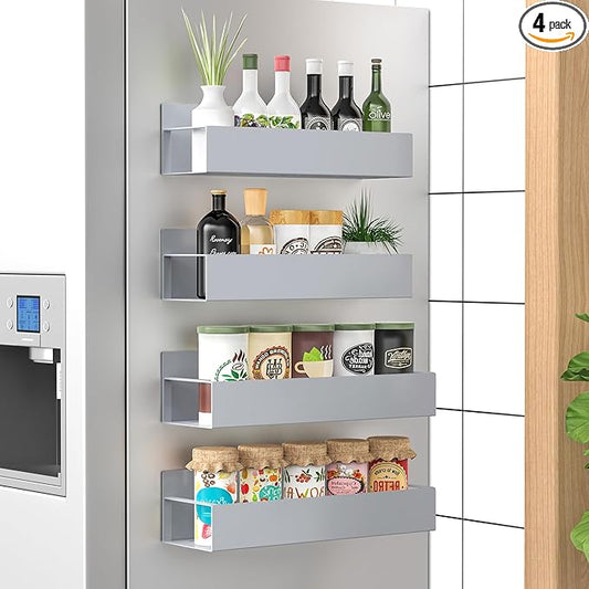 HuggieGems 4 Pack Magnetic Spice Storage Rack Organizer for Refrigerator and Oven, Gray Fridge Organizers and Storage by HuggieGems