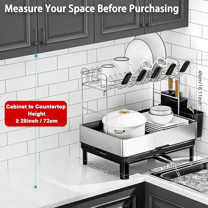 Ewaiira Dish Drying Rack, 2 Tier Large Dish Rack, Stainless Steel Dish Drainer for Kitchen Counter, Dishes Rack with Automatic Drainage, Utensil Holder,Cups Holder,Space Saving Kitchen Organizer,Black - Image 5