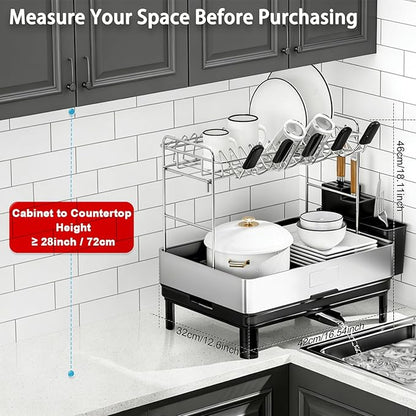 Ewaiira Dish Drying Rack, 2 Tier Large Dish Rack, Stainless Steel Dish Drainer for Kitchen Counter, Dishes Rack with Automatic Drainage, Utensil Holder,Cups Holder,Space Saving Kitchen Organizer,Black - Image 5