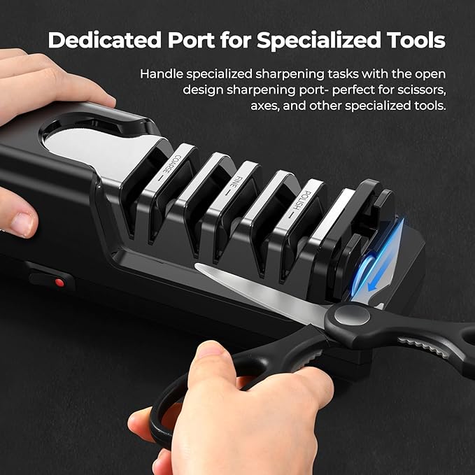 Electric Knife Sharpener, Precise 20° Diamond Knife Sharpener for Kitchen Knives, Quick Repairing in 40 Seconds, with Metal Dust Collection Box & Special Port for Scissors, Black - Image 7