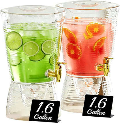 2 Pack Drink Dispenser for Parties 1.6 Gallon, Large 6L Plastic Water Dispenser, Juice Beverage Dispensers for Counter Tops for Restaurants, Hotels, BBQ, Picnic, Party