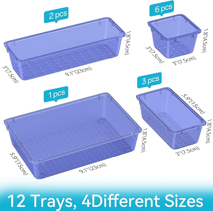 ElegantArray 12 PCS Drawer Organizer Set, 4 Sizes Tool Storage Trays, Clear Plastic Makeup Vanity Organizer and Storage Bins for Stationeries, Multiple Gadgets for Office, Bedroom, Navy Blue - Image 4