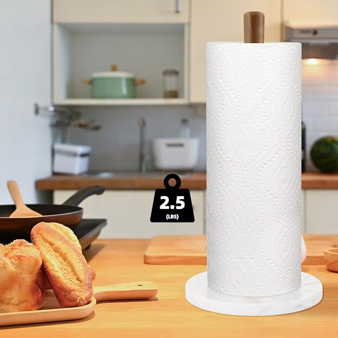 Buruis Wood Paper Towel Holder, Marble Base Modern Decorative Countertop Standing Rolls Holder for Kitchen, Toilet, Pantry and Bathroom (Marble Base White) - Image 8