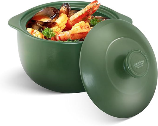 MINH LONG 2-Qt Porcelain Dutch Oven with Lid – Lead & Cadmium Free, Oven Safe to 482°F, Heat Retention, Clay Pot for Cooking on Gas & Infrared Cooktop, Use to Marinate, Cook, Bake, Refrigerate & Serve