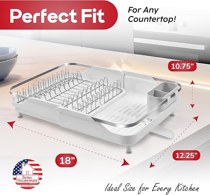 Better Houseware Expandable Dish Drying Rack - Space-Saving Stainless Steel Dish Racks for Kitchen Counter with drainboard and Detachable Cutlery Holder, Large, White - Image 6