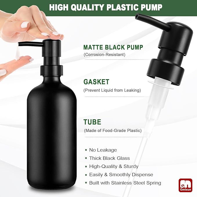 GMISUN Kitchen Soap Dispenser Set, 17 fl oz Dish Soap Dispenser with Ceramic Tray & Bamboo Brush for Kitchen, 2Pcs Matte Black Glass Hand and Dish Soap Dispenser Set, Refillable Soap Bottle Set - Image 7