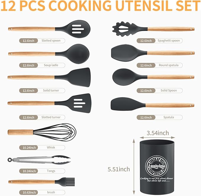 Silicone Cooking Utensil Set,12 PCS Cooking Kitchen Utensils Set, Nonstick Kitchen Utensils 446°F Heat-Resistant Cookware Kitchen Tools of Spoon,Brush,Whisk,Spatula,Turner Tongs (Gray) - Image 2