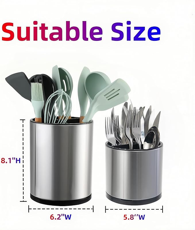 LIBODOUR Kitchen Utensil Holder Extra Large Rotating For Counter Organizer Stainless Steel Storage Cooking Silverware Caddy 3 Compartment Flatware Spoon Spatula Tool Cutlery Container（2 Set Silvery） - Image 4