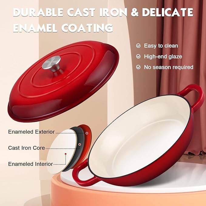 Overmont Enameled Cast Iron Dutch Oven - 3.8 Quart Dutch Oven Pot with Lid - Shallow Cookware Braising Pan - Cast Iron Casserole with Cookbook & Heat-Resistant Caps - Oven Safe up to 500° F Red