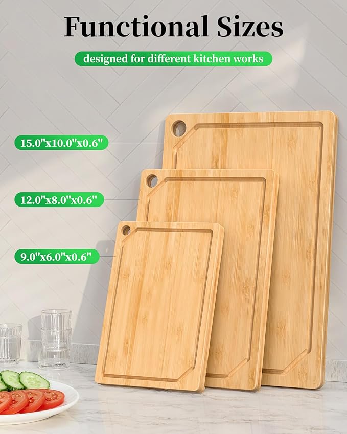 Kitchen Cutting Board Set - 3-Piece Wooden Cutting Boards for Kitchen with Juice Groove, Handles, Hang Holes, Stylish Kitchen Essentials for Chpping & Serving, Natural, 0.6"Th - (L+M+S) - Image 2