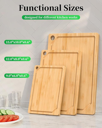 Kitchen Cutting Board Set - 3-Piece Wooden Cutting Boards for Kitchen with Juice Groove, Handles, Hang Holes, Stylish Kitchen Essentials for Chpping & Serving, Natural, 0.6"Th - (L+M+S) - Image 2
