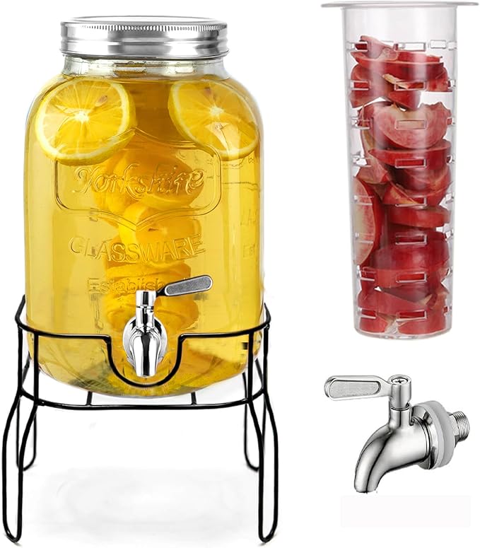 2 Gallon Drink Dispenser with 18/8 Stainless Steel Spigot, Sun Tea Glass Mason Jar for Outside, Iced Lemonade Beverage Dispenser with Fruit Infuser, Large Water Juice Jug, Punch Dispenser for Parties