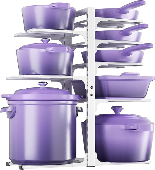 MUDEELA 8-Tier Pots and Pans Organizer under Cabinet, Heavy Duty Adjustable Pot Pan Organizers inside Cabinet, Kitchen Cabinet Organizers and Storage Pot Rack for Big Stockpots, Heavy Cookware, White by MUDEELA