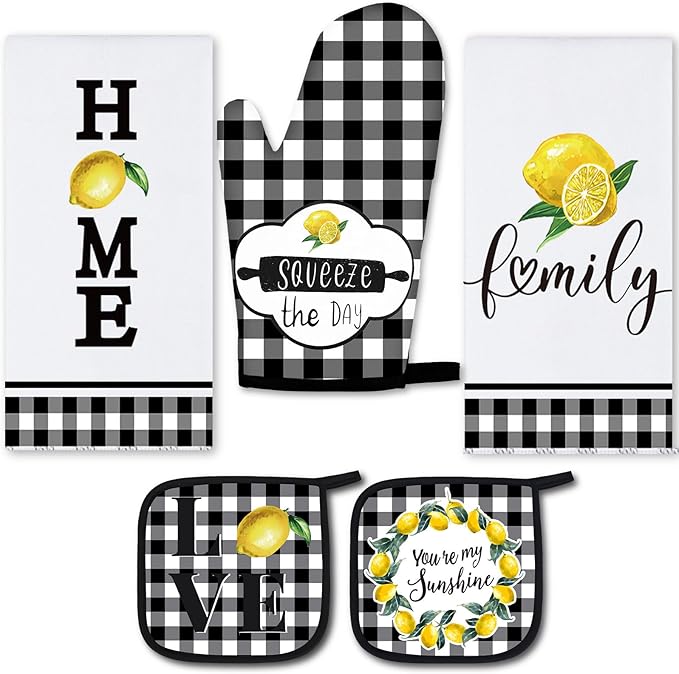 5 Pieces Buffalo Plaid Kitchen Towels Oven Mitts and Pot Holder Set Black and White Kitchen Towels Oven Gloves, Hot Pads Pot Holders for Farm House Accessories Decor(Lemon) by Rtteri