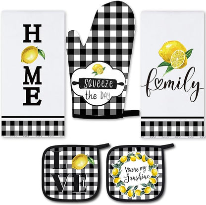 5 Pieces Buffalo Plaid Kitchen Towels Oven Mitts and Pot Holder Set Black and White Kitchen Towels Oven Gloves, Hot Pads Pot Holders for Farm House Accessories Decor(Lemon) by Rtteri