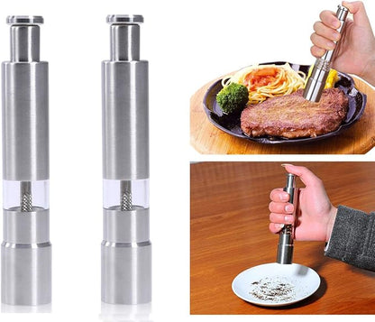 Salt and Pepper Grinder Set of 2,Stainless Steel Push Button Grinder Modern Design Thumb Grinder, for Black Pepper, Sea Salt and Himalayan Salt, Spice and Salt