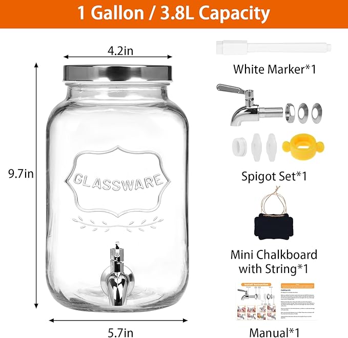 Moretoes 1 Gallon Glass Drinks Dispenser for Parties, Beverage Dispenser for Juice and Iced Tea, Airtight Sun Tea Glass Jar for Outside, Party Essential Beverage Pitcher with Spout - Image 2