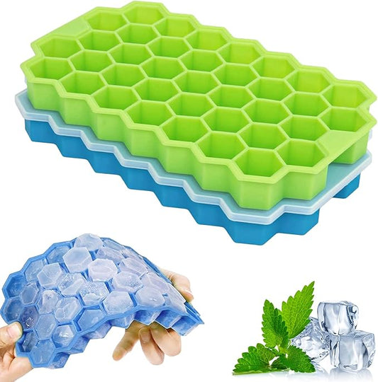 2 Pack Honeycomb Ice Cube Trays for Freezer Microwave(Blue and Green), Silicone Ice Cube Tray with Lid, 37 Hexagonal Silicone Molds, Reusable Ice Cube Mold for Whiskey, Cocktails, Homemade Cold Drinks