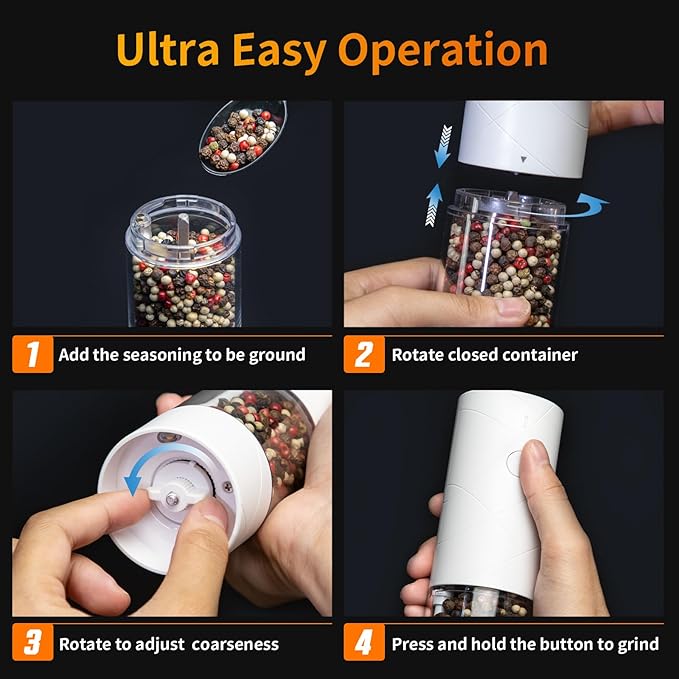 2Pack Electric Salt and Pepper Grinder Set USB Rechargeable with Warm LED Light, Adjustable Coarseness Lidaop Large Capacity Automatic Salt Pepper Mill Grinder for Kitchen, Restaurant, Outdoor, White - Image 7