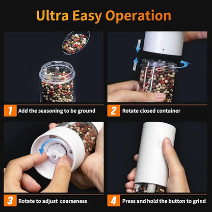 2Pack Electric Salt and Pepper Grinder Set USB Rechargeable with Warm LED Light, Adjustable Coarseness Lidaop Large Capacity Automatic Salt Pepper Mill Grinder for Kitchen, Restaurant, Outdoor, White - Image 7