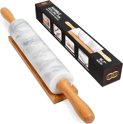 16.7 Inches Marble Rolling Pin for Baking with Wooden Handles & Wooden Cradle - Rolling Pin for making Pizza Dough & Tortillas, Dough Roller for Pasta, Cookie, Pie Crust and More! by KAFOOR