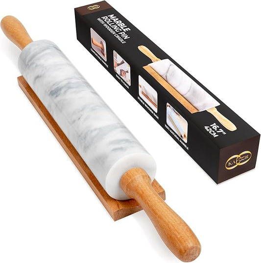 16.7 Inches Marble Rolling Pin for Baking with Wooden Handles & Wooden Cradle - Rolling Pin for making Pizza Dough & Tortillas, Dough Roller for Pasta, Cookie, Pie Crust and More! by KAFOOR