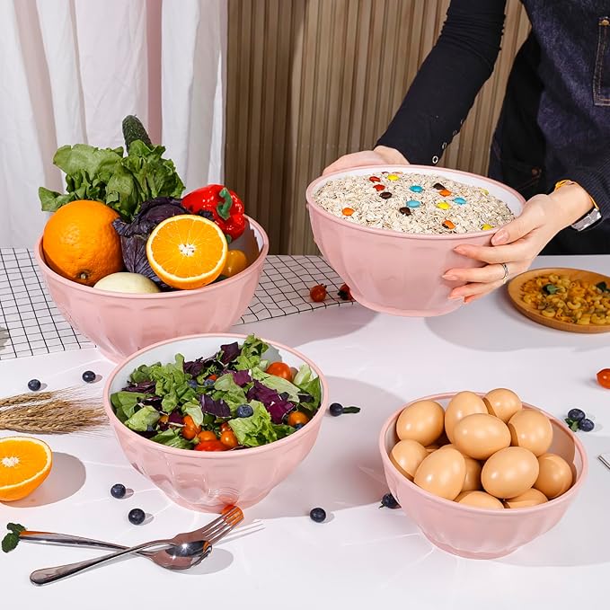 BoxedHome Mixing Bowls with Lids Set, 4PK Large 0.2” Thick Plastic Nesting Mixing Bowl, Microwave Safe,Size 1.37,2.32,3.8 and 5.07qt, Pink - Image 6
