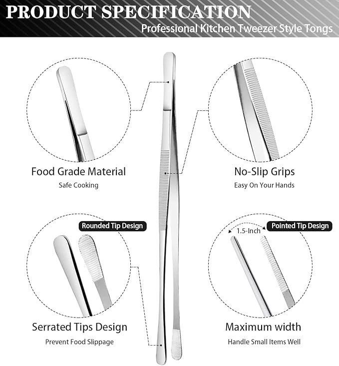 JETKONG 2 Pcs 12-Inch Cooking Tweezers Stainless Steel, Straight Food Tweezers, Professional Kitchen Tweezer/Forceps for Cooking Repairing and BBQ (12-Inch, Silver) - Image 2