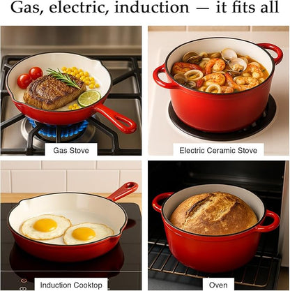 QuliMetal Nonstick Enameled Cast Iron Cookware Set, 4-Piece Pots and Pans Set with Lids, Dutch Oven for Sourdough Bread Baking, Oven Safe up to 500°F, Compatible with All Stovetops