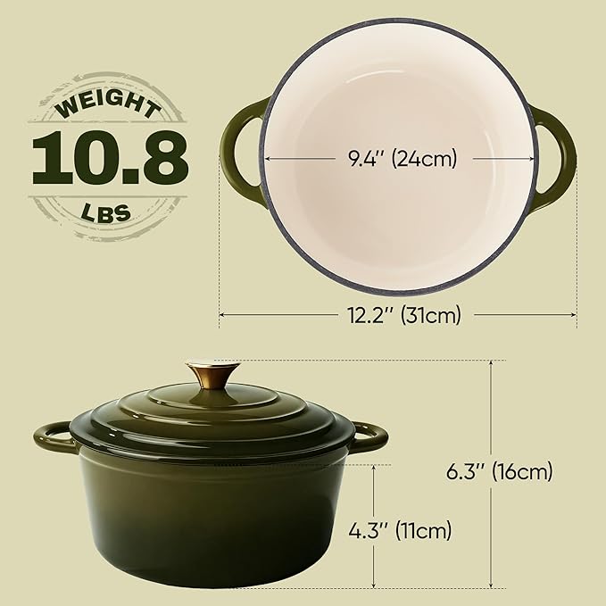 Vintage Style 4.5 Quart Dutch Oven Pot with Lid, Non Stick Enameled Cast Iron Dutch Oven for Bread Baking, Heavy-Duty, Oven Safe Ceramic Cookware Up to 500°F for Baking, Braising, Stews, Roasting, Golden Green - Image 4