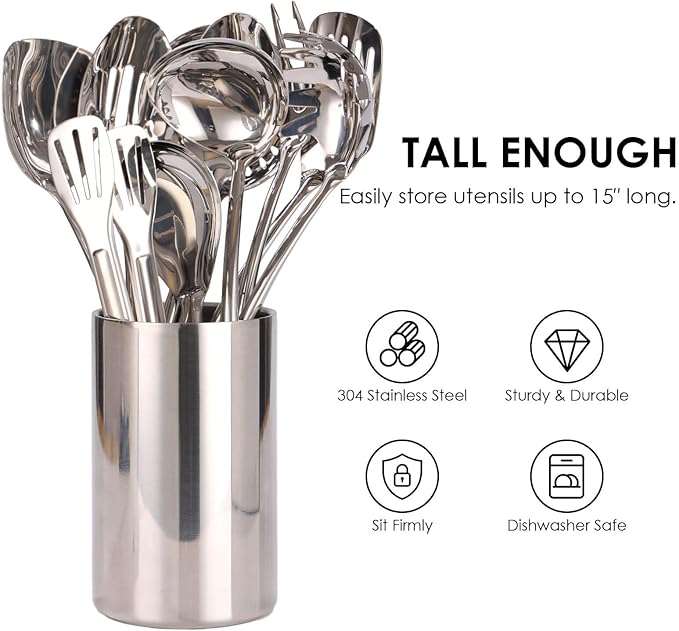 Double Wall Utensil Holder - 304 Stainless Steel Sleek Kitchen Utensil Holder for Countertop, Spatula Spoon Storage Organizer, Large Cooking Utensil Caddy Counter, Shining Utensil Crock, Mirror Polish - Image 5