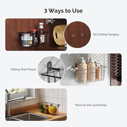 MaraFansie Hanging Wire Baskets Kitchen Storage Basket Adhesive and Screws Basket Over the Cabinet Door Organizer with Adhesive Strips and Screws Accessories, 2 Installations, 4 Pack, Black - Image 2