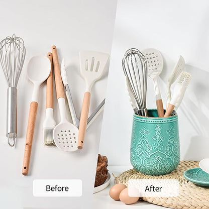 Utensil Holder, Large Utensil Holder for Kitchen Counter, 6.5”Ceramic Cooking Utensil Organizer, Kitchen Decor for Counter (Turquoise)