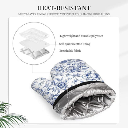 Floral Oven Mitts and Pot Holders Sets of 3, Blue Floral Silicone Oven Mitts Birthday for Flower Lover Kitchen Decor, Botanical Print Heat Resistant Non-Slip Oven Gloves for Mom Wife Sister BFF