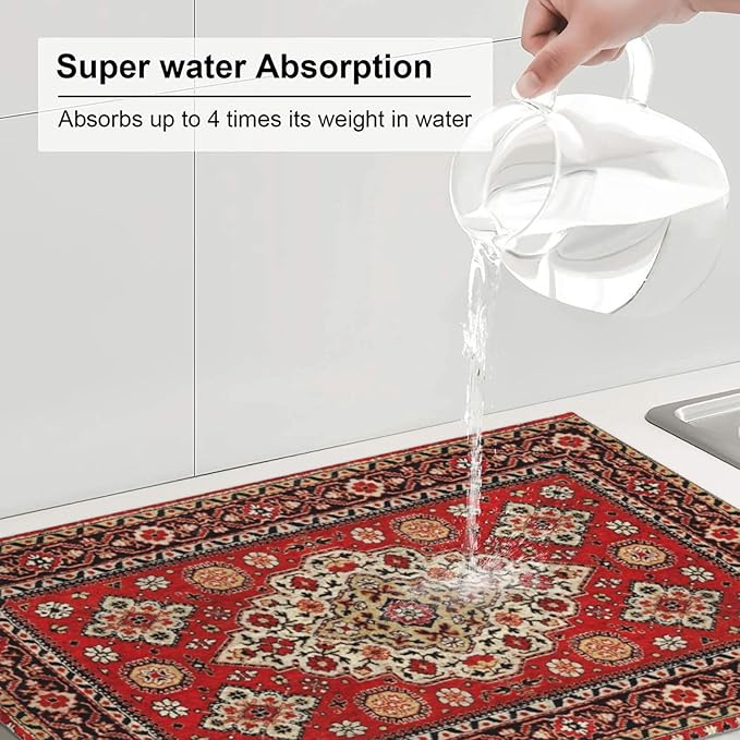 Royal Red Moroccan Dish Drying Mat Old Red Persian Carpet Texture Abstract Drying Rack Pad Countertop Dishes Ultra Absorbent Microfiber Kitchen Counter Mat 18x24 Inch