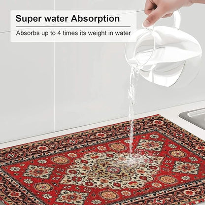 Royal Red Moroccan Dish Drying Mat Old Red Persian Carpet Texture Abstract Drying Rack Pad Countertop Dishes Ultra Absorbent Microfiber Kitchen Counter Mat 18x24 Inch